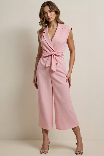 Pink V-Neck Midi Work Jumpsuits with Sash